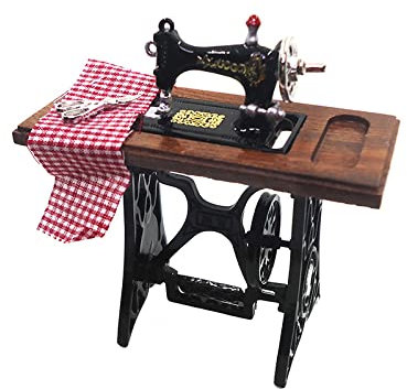 zalati Máquina de coser de casa de muñecas 1:12, muebles en miniatura con tijeras, juguete de tela a cuadros para decoración de casa de muñecas, madera
