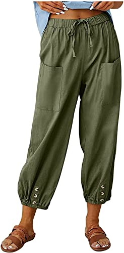 ASKSA Pantalon 7/8 Femme Été Lin Ample Longueur Pants Cordon pour Décontracté à Jambes Léger en avec Poches | Coupe Ample Confortable, Taille Élastique à Cordon, Poches Pratiques, Bas de Jambe avec Boutons Décoratifs, Idéal pour l'été