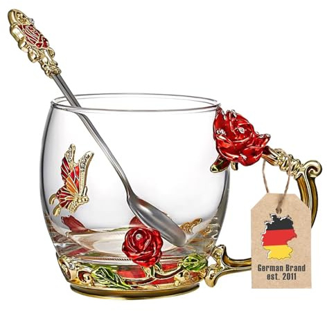 INTIRILIFE Schmetterling Teetasse Blumentasse Kaffeetasse 250 ml aus hitzebeständigem Glas Set mit Löffel in Gold - Rot - Lila - handgefertigt