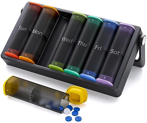 Tablettenbox 7 Tage Morgens Abends, KOVIUU Woche Pillendose 2 FäCher, Medikamentenbox Unterwegs, Pill Box，GroßE Tabletten Tablettendose, Supplement Pillenbox für Medikamente, Transluzent-Schwarz