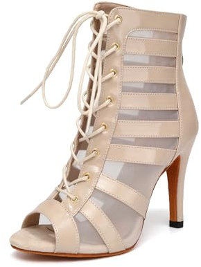 YCALCP Stivali da Ballo Latino Americano Donna con Punta Aperta Stivaletti da Ballo con Lacci con Tacco Alto,DS-K400-QP-Beige,Tacco 9.5cm,Scamosciato,EU 41