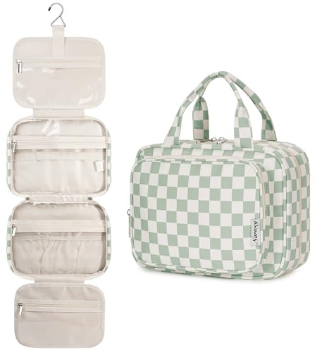 Narwey Hanging Toiletry Bag for Women Travel Checkered Makeup Bag Organizer Toiletries Bag for Travel Size Essentials, Accessories, Brushes, Cosmetics (Green Checkerboard (Medium))