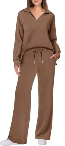 AMDOLE Conjunto completo de dos piezas para mujer, sudadera de manga larga de gran tamaño, media cremallera, sin botones, pantalones de pierna ancha, pantalones deportivos, trajes de gimnasio,