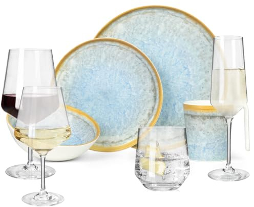 Vaisselle de camping en mélamine pour 4 personnes - Bleu cristal + 16 verres Milano - Verres à eau - Verres à vin - Verres à champagne - Vaisselle de table pour pique-nique et barbecue