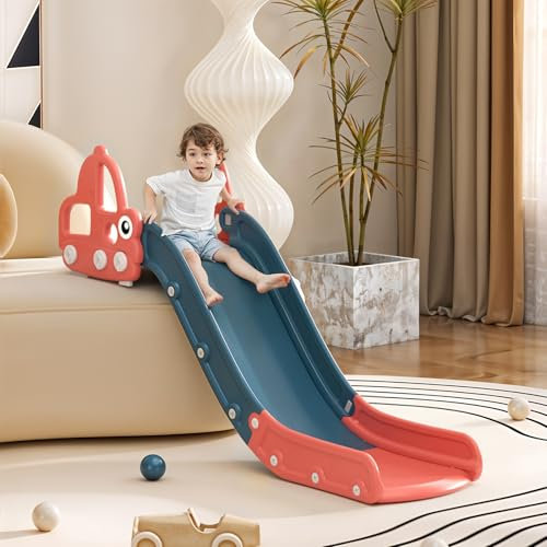 FUKEA Sofa Slide, Toddler Slide Indoor Kids Slide with Extended Length, Baby Car Slide for Bed Couch Slide for Toddler Age 1-3, Red