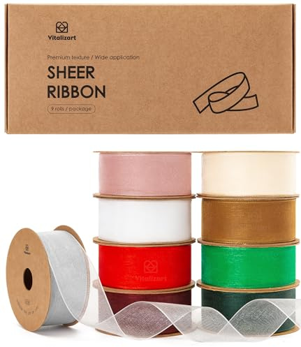 Vitalizart Xmas 9 Colours Organza Ribbon 1'' x 90Yd Ribbons for Crafting | 9 Rolls x 10Yd, Wide Fabric Tulle Ribbons for Gift Wrapping, Christmas Tree, Decoration, Bows, Wedding Invitations