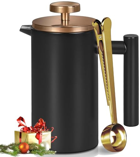 Wrobic French Press 1,5 l i rostfritt stål, dubbelväggig och isolerad för camping, fest, gåva – diskmaskinssäker (6–8 koppar, svart)