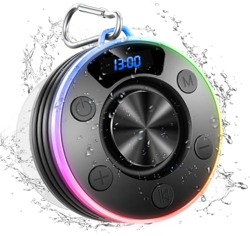 Dyurwa Wasserdichter Bluetooth Duschlautsprecher mit Zeitanzeige, IPX7 Waterproof Shower Speaker, Starker Bass, Saugnapf & Hakenclip, Freisprecheinrichtung, Musikbox für Badezimmer, Strand