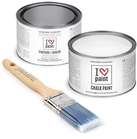 I Love Chalk Paint – Kit Completo Vernice, Finitura e Pennello - Pittura Senza Carteggiare – Colore Bianco Gesso (375ml Chalk Paint + 375ml Finitura + Pennello 40mm)