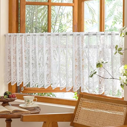 Tolldek Fönstergardin, vit voile bistrogardin med blommor jacquard, transparent kort gardin, köksgardin, kort gardin, butik, H x B 60 x 100 cm