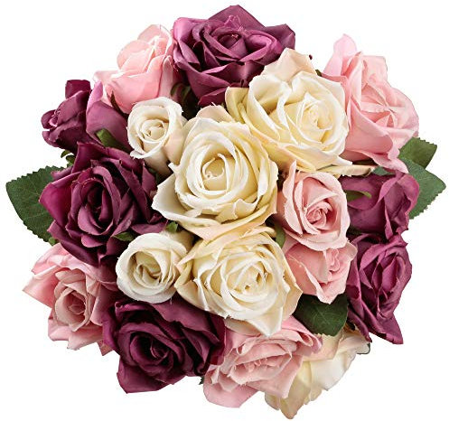 Famibay Lot de 18 roses artificielles en soie pour mariage (violet avec champagne, 2 bouquets)