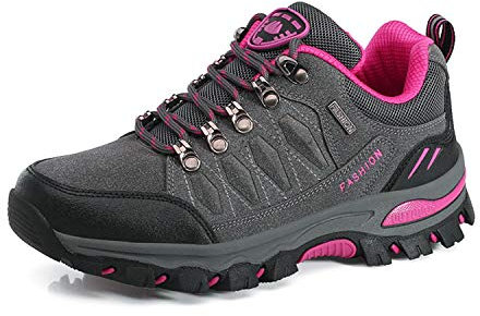 WOWEI Trekking Wanderstiefel Damen Herren Outdoor Sportlich Gleitsicher Bequem Leicht Bergstiefel Wanderhalbschuhe,98018 Grau Rosa Rot,38 EU