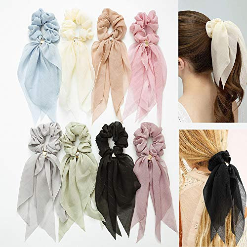 8PCS Haarbänder Schals Bowknot Haar Haargummis für Frauen Mädchen, Doppelschicht Chiffon Elastische Haargummis Pferdeschwanzhalter Haarabdruck Bandana