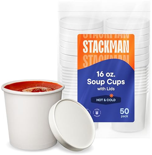 [16 oz. - 50 Sets] Paper Food Container with Lid, Insulated Food Cups with Vented Lids - Hot or Cold To Go Soup Cup, for Soups, Ice Cream and Yogurt - Eco-Friendly - White