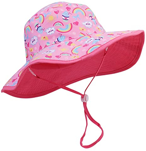 Jupsk Sombrero de Sol de Verano para Niños Pequeños, Sombrero de Sol para Bebé, Sombrero de Pescador para Niños de ala Ancha con Correas Ajustables, Estampado de Arcoíris para Exteriores para Niñas
