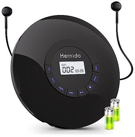 Hernido Tragbarer CD-Player mit Kopfhörer, CD-Player mit wiederaufladbarem Akku, Kompakter CD Diskman mit 5 EQ-Sounds, AUX-Ausgang, Anti-Skip, Kpop-Player mit Hintergrundbeleuchtung, LCD-Display