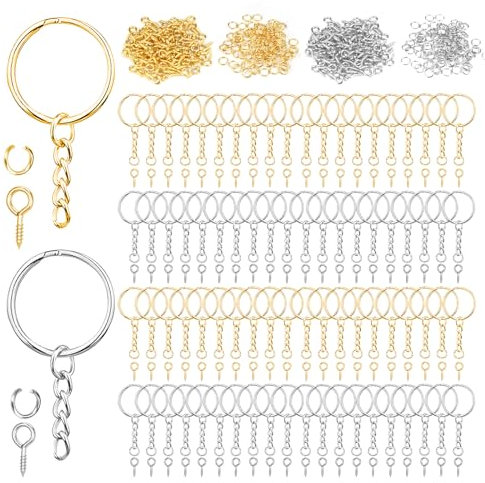 440 Stück Schlüsselanhänger Ring Set, Schlüsselring mit Kette, Schlüsselanhänger Basteln Spaltschlüsselringe mit Gliederkette, Keyring Chain mit Offene Binderinge & Ösenstifte für DIY Basteln Schmuck