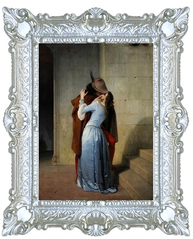LIGUORO SHOP Francesco Hayez Kiss Quadro Reproduktion Tryckt på Pappersdukseffekt med barockram cm 55x45 (Silver)