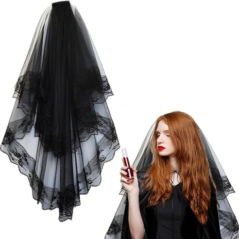 Mrracxy Voile de mariage d'Halloween 2 niveaux, Halloween Black veil,Voile de dentelle noire,Voile d'Halloween noir en dentelle,Black Lace veil,Voile funéraire vintage,Voile noir en dentelle