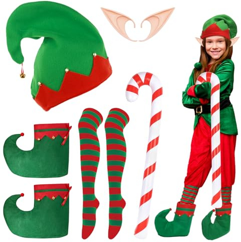Landifor 5pz Costume da Elfo Natalizio per Bambini Set-Gonfiabile Cappello Verde Scarpe Calze Orecchie per Festa Cosplay Accessori