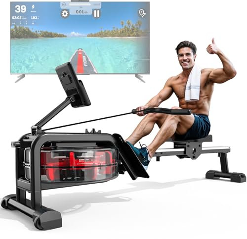 ORISYN Rudergerät für zuhause, Wasser Rudergeräte mit Bluetooth Boardcomputer, Rudermaschine mit Verstellbarer Tablet-Halterung, 160KG Gewichtsbelastung, Max. 210 cm Benutzergröße Geeignet