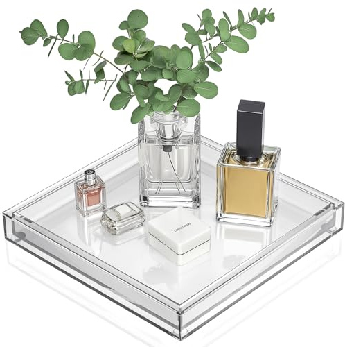 Bandeja Cuadrada de Acrílico Transparente 25×25 cm – Bandeja Decorativa Multiusos para Perfumes, Maquillaje, Baño, Tocador, Mesa de Centro o Decoración de Salón
