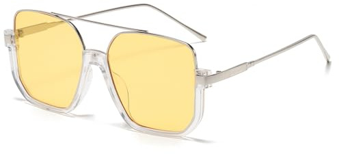 Long Keeper Gafas de Sol Piloto Moda para Mujer Hombre Gafas de Sol Cuadradas Grandes Retro Gafas de Piloto Metal Clasicas Protección UV400, 60MM (Montura Plata Transparente - Lente Amarillo)