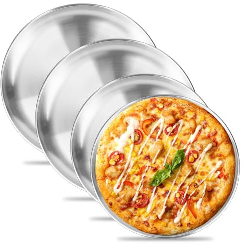 DMJJSD Juego de 4 bandejas para pizza redondas, acero inoxidable, con revestimiento antiadherente, para hornear y platos de servicio