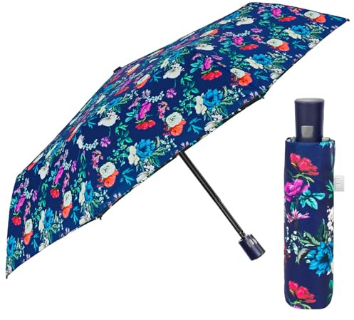 PERLETTI Parapluie Femme Pliant Automatique Motif Rayé Pois Fleur - Ombrelle Dame Incassable Compact Anti Retournement - Parapluie Mini Petit Pliable - Diamètre 96 cm (Bleu avec Fleurs)