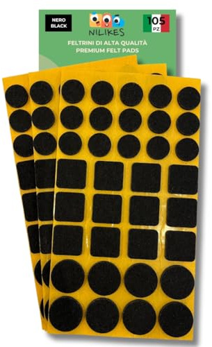 NILIKES Feltrini Sedie adesivi 105 Pezzi MADE IN ITALY. (Rotondi e Quadrati) di colore Nero. Feltrini per sedie e mobili pesanti, adesivo resistente.