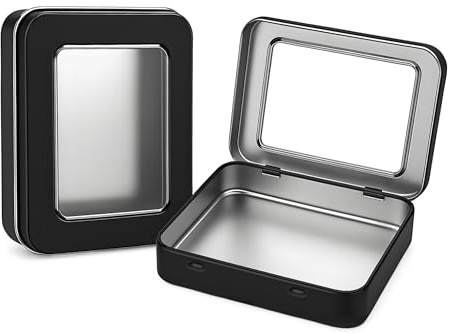 Forever bene Small Metal Tin Box with Clear Lid, Rectangular Hinged Empty Tin Container, 4.5 x 3.5 x 0.9 in, for DIY Organisation, EDC Storage, Office and Home Use (2, Black)