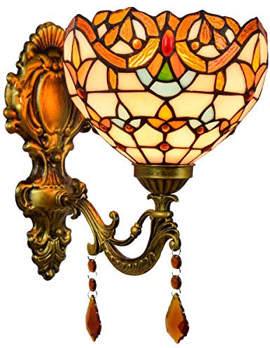 Applique da Parete in Stile Tiffany, 8 Pollici, in Vetro colorato, con Cristalli, Lampada da Comodino Decorativa in Stile Barocco Giallo Vintage, per Camera da Letto, Soggiorno, corridoio, Scale