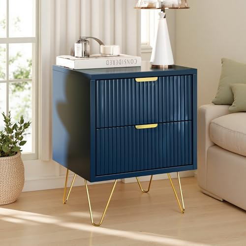 UTTQEW Comodino blu scuro, comodino con 2 cassetti, comodino, cassettiera, tavolino con vano portaoggetti, divano con gambe in metallo dorato, per soggiorno/camera da letto (blu scuro, 40x35x50)