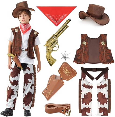 Lubolee Costume Cowboy Bambino, Vestito Cowboy Bambino Set Con Cappello cowboy, Gilet, Pantaloni, Cinture, Sciarpe Rosse, Custodia In Pelle e Accessori- Ideale Vestito Carnevale Bambinos (XL)