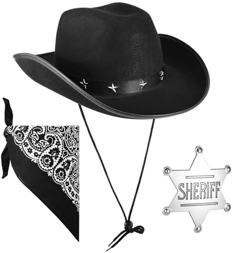 3 pieces Cowboy Hat and Scarf Set, Cowboy Hats with Wild West Sheriff Bandanna Badge Western Fancy Dress Party Accessory for Adult Women Men Halloween Themed Part, Black