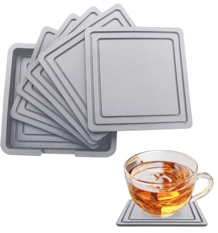 6PCS Silicone Pad Mat Non Slip with Storage Rack, Square Gray Drink Coaster | Heat Resistance, Stain Protection, Suitable for Tea Coffee Beer, 9x9cm