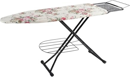 Relaxdays strykbräda för ångstrykjärn, 110 x 33 cm, rosmönstrad | höjdjusterbar, hopfällbar, med strykjärnsställ