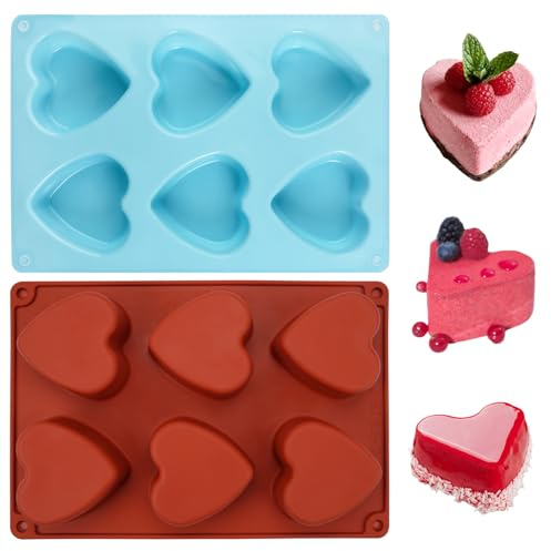 TESSTSY 2 stycken silikon hjärtform, silikonform hjärtan, non-stick belagd hjärtform, silikonform i hjärtform, 6 tråg, silikon, bakform, hjärta för pudding, silikonchoklad, gelé, hjärtkaka