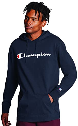 Champion Maglietta a maniche lunghe con cappuccio, logo script, Navy-549921, Large