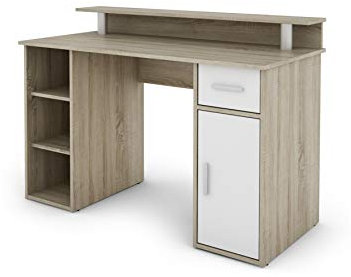 byLIVING Schreibtisch DIEGO / Arbeits-Tisch mit viel Stauraum in Sonoma Eichen-Holz-Optik / Fronten in Weiß / Computer-Tisch / 1 Schublade, 1 Tür, 3 offene Fächer / 120x88x55cm (BxHxT)