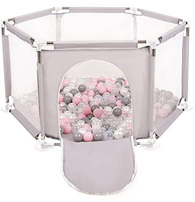 Selonis Corralito Plegable Con 100 Bolas Para Niños, Gris:Perla/Gris/Transparente/Rosa Claro