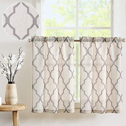 TOPICK - Tenda semitrasparente per finestre, da bistrò, protegge la privacy, per cucina, soggiorno, casa in stile rustico, 65 x 60 cm (larghezza x altezza), grigio su bianco, set da 2 pezzi
