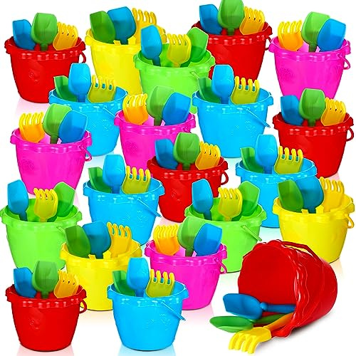 Lenwen 24 Packs 6.3 Beach Sand Buckets Shovels and Rakes Set for Kids Summer Beach Toys Pool Party Favors Accessories Easter Basket Stuffer(Stylish)