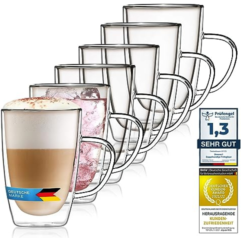 Dimono® Dubbelväggigt Glas med Handtag – 6 Latte Macchiato-glas | Borosilikatglas set – kaffeglas, cocktailglas & longdrinkglas – munblåsta, diskmaskinssäkra