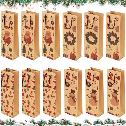 Weihnachten Flaschentüten Geschenktüten, 12 Stück Kraftpapier Flaschen Tüten Geschenktaschen mit Henkel, Flaschentüten Weintüten, Weintasche Flaschentüten für Weinflaschen Verpackung (B)
