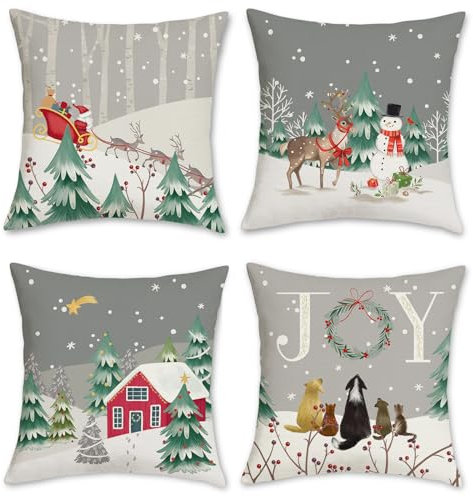 Bonhause Grey Winter Christmas Cushion Covers 45 x 45 cm Snowy Pine Tree Snowman Reindeer Decorative Throw Pillow Covers Polyester Linen Pillowcases for Sofa Bed Holiday Decor Set of 4