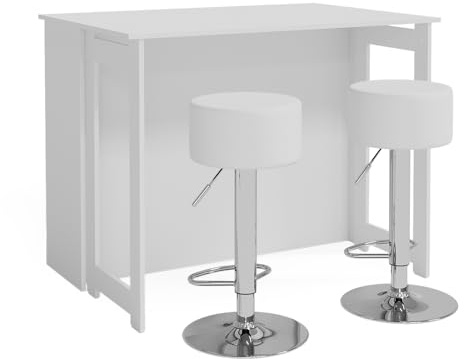 Vicco Set de Mesa de Bar Dominic, Blanco, 116 x 37 cm con 2 taburetes de Bar, Tablero de Mesa abatible para Uso Flexible en Espacios pequeños