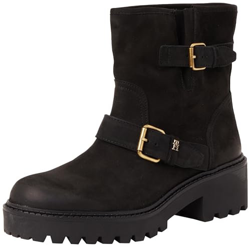 Tommy Hilfiger Damen Mid Boot Stiefel Biker Double Buckle aus Leder, Schwarz (Black), 41