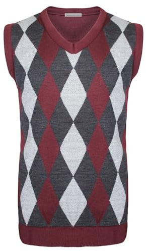 Generation Fashion New Men Knitted V-Neck Argyle Pattern Sleeveless Jumper Top Sweater Vest with Ribbed Edge[Wine-Charcoal,