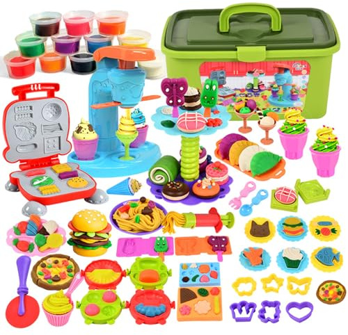 UCAMP 65 pièces Pâte À Modeler pour Enfants,Accessoires pour Créer des Hamburgers et des Pizza,Outils de Pâte À Modeler Créatif Accessoire avec 12 Pots de Pate a Modeler Cadeau de Jouet Enfan 2+ Ans